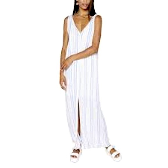 Sadie & Sage Dresses & Skirts - Sadie & Sage High Tide Costal Button Down Maxi Dress White Blue Tan Stripes Sz S